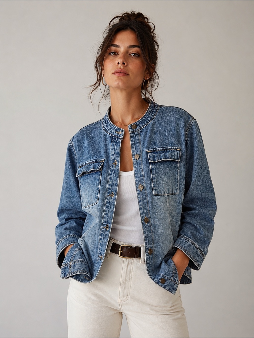 Crazy Horse VTG 90s Y2K Denim Jacket XL Distressed Button Front, mandarin collar